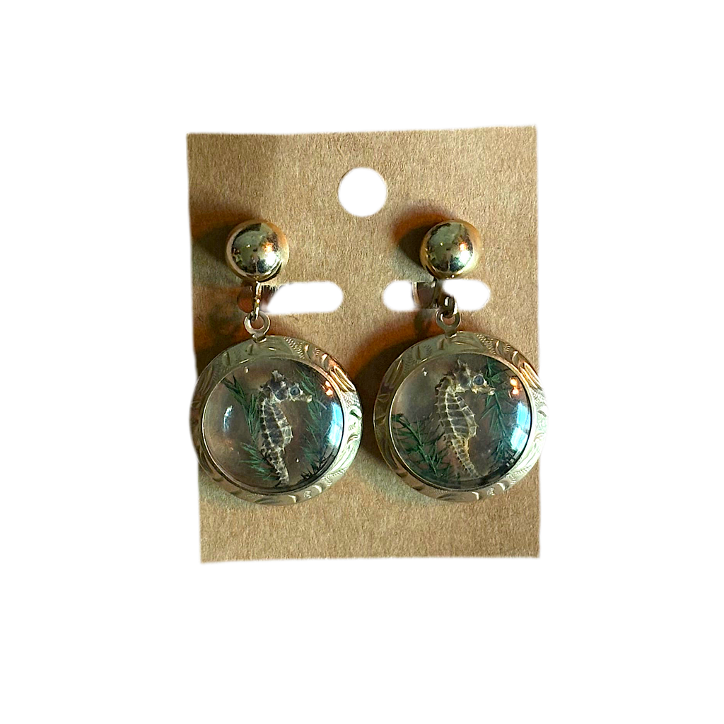 Seahorse Specimen in Etched Cloche Earrings