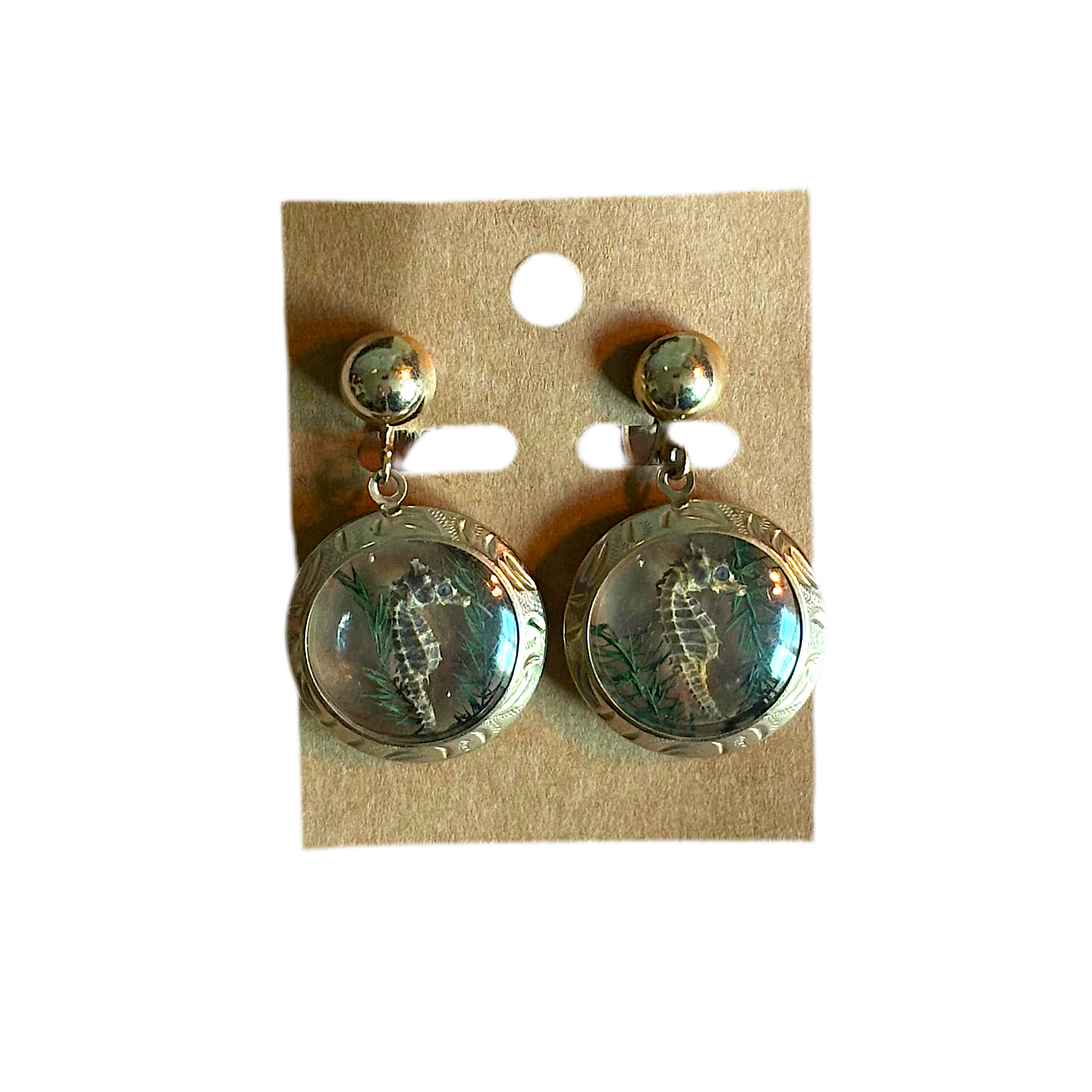 Seahorse Specimen in Etched Cloche Earrings