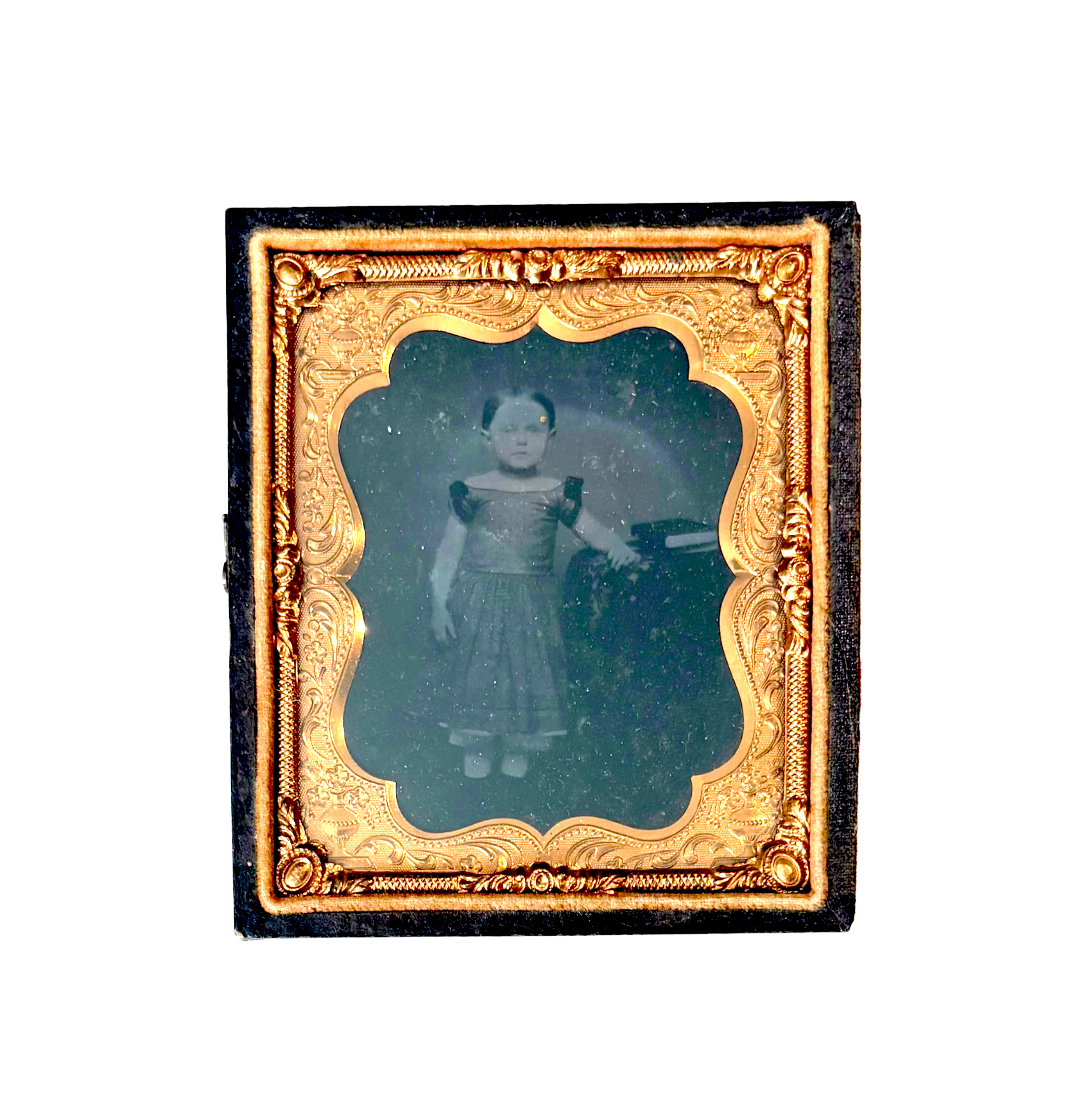 Vintage photograph in a gold frame on a black background