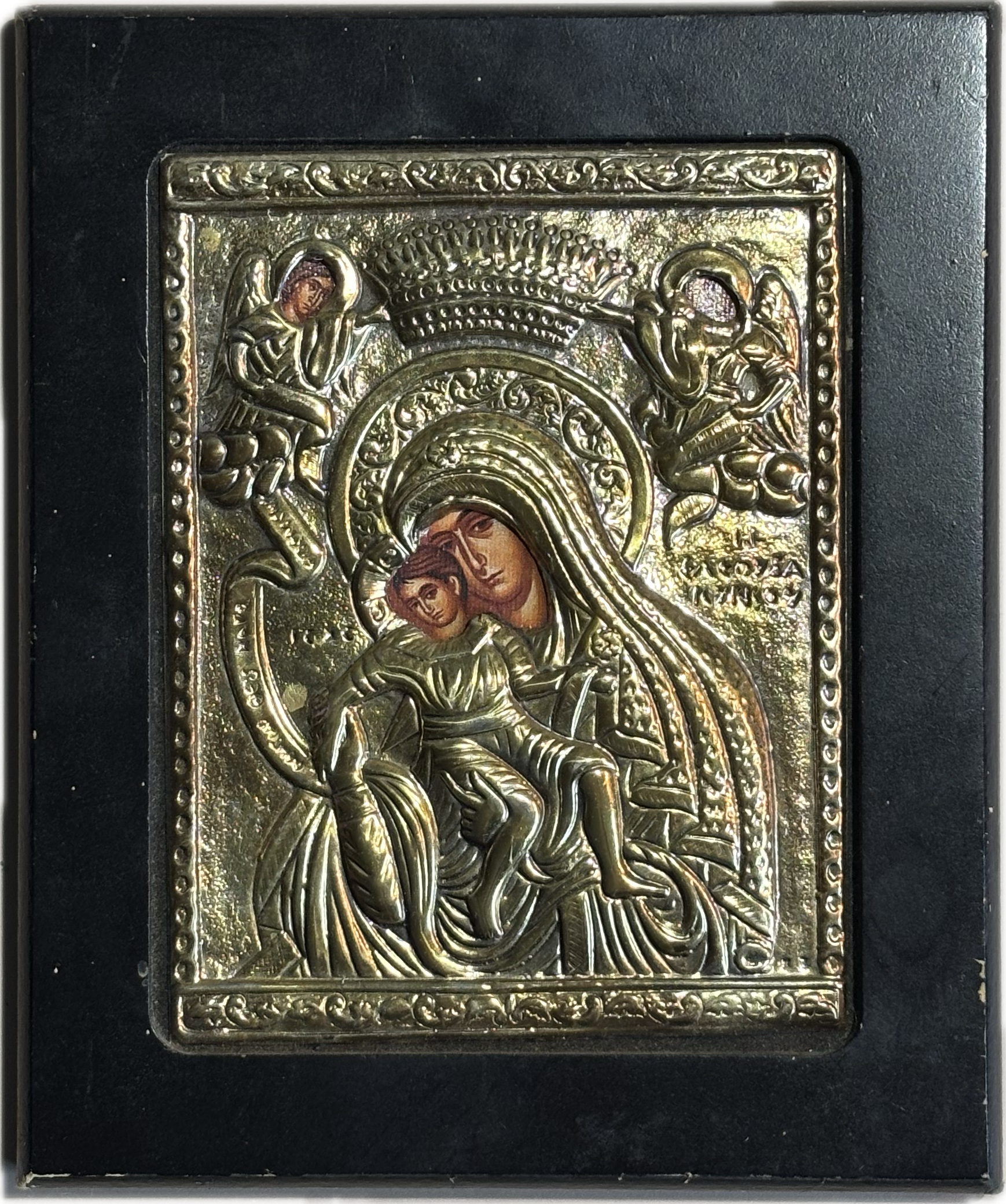 Silver 925 Greek Orthodox Axion Esti Black Wooden Frame Virgin Mary Icon